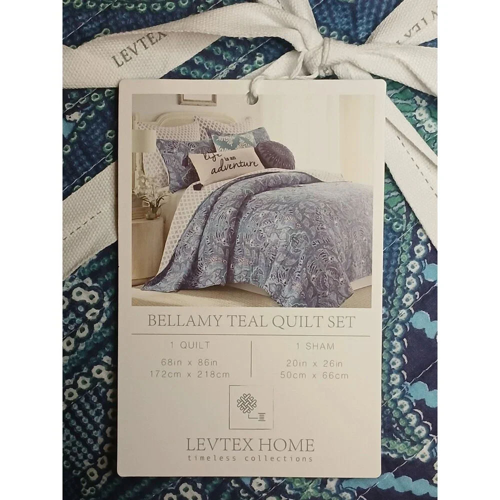 Levtex Twin 2 Peice Bellamy Teal Quilt Set Reversible Blue/Teal/White Print NEW
